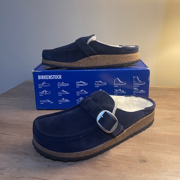 Suede Birkenstock Buckley Shearling in Navy Blue with Silver Hardware - Picture 2 of 15